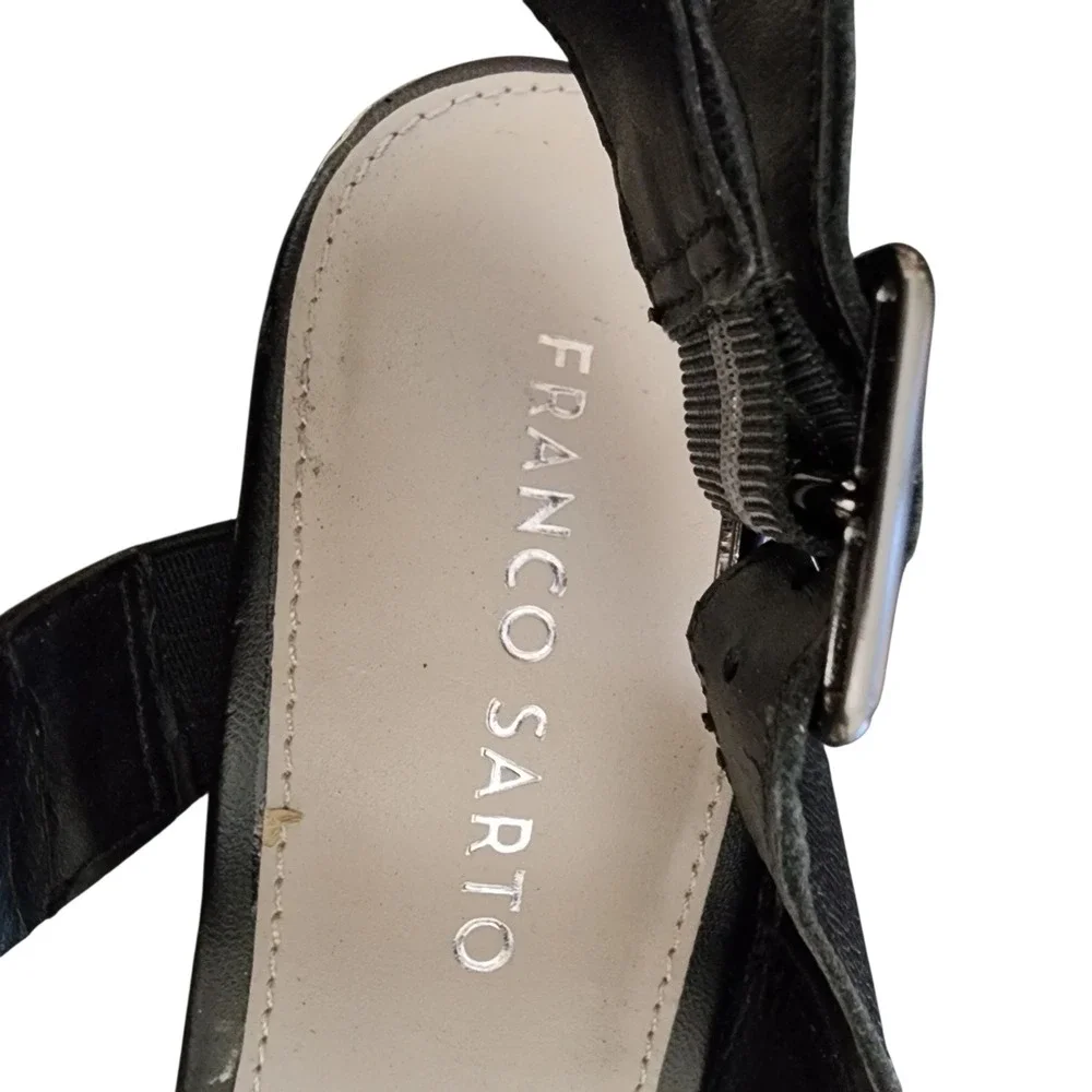 Franco Sarto Hooper Wedge Sandals 9 Black Snake Print Leather Ankle Strap Church